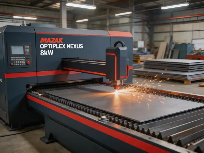 Mazak OPTIPLEX Nexus fiber laser cutting machine in a production fabrication shop